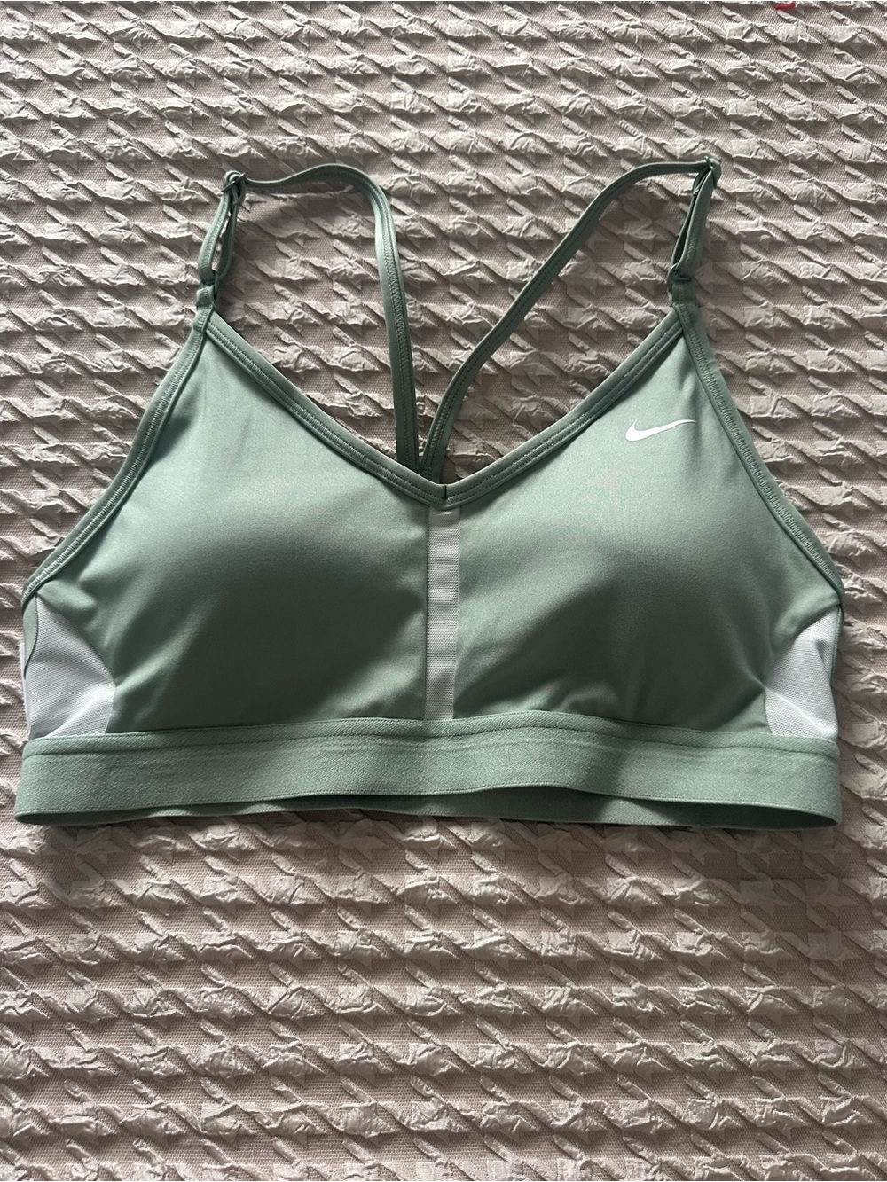Nike Sage Green Strappy Sports Bra with White Accents